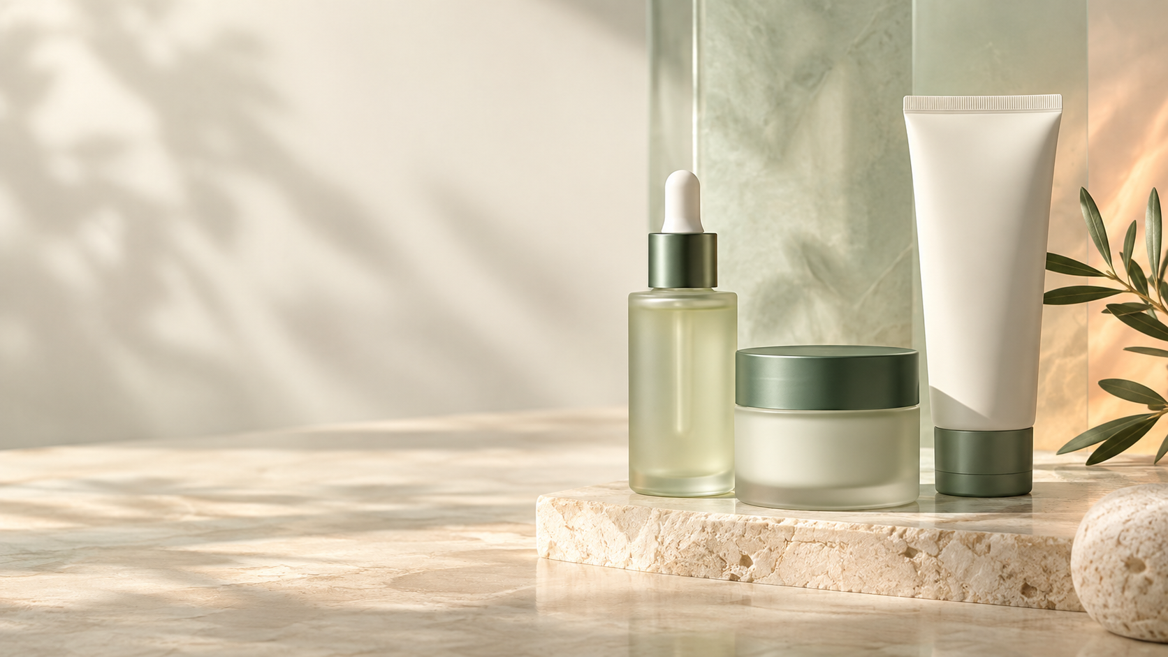 Serum, cream and sunscreen in a premium editorial studio setting